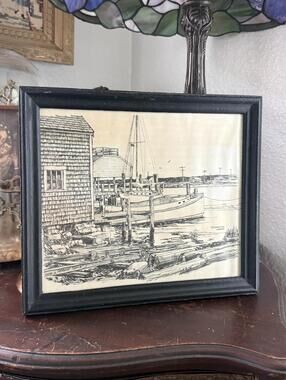 Vintage Drawing Sketch of Rockport Signed Wooden Frame